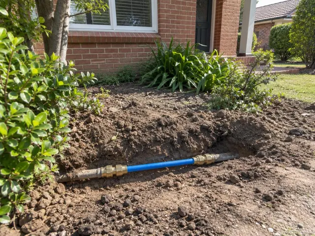 Exposed repaired water pipe in a dug-up garden bed beside a brick house in Pennant Hills