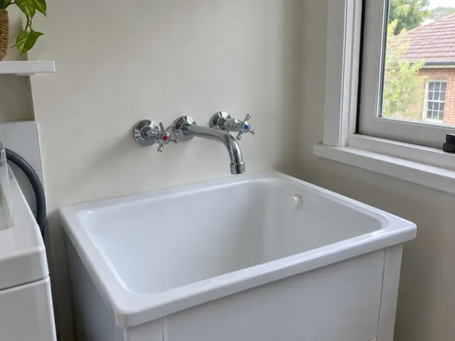 Chrome wall-mounted tap above a white laundry tub beside a window in Normanhurst